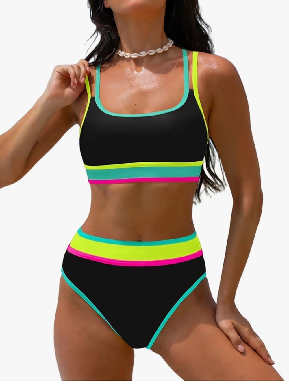POPVIL NWT M Black NEON TRIM High-Waist SPORTY Bikini Set
